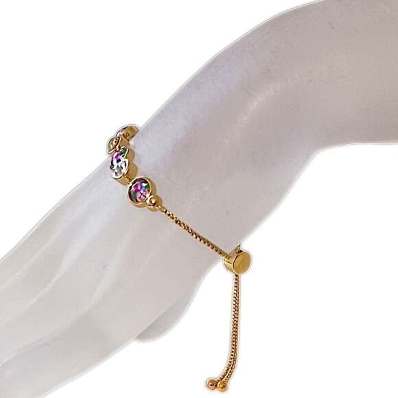 Rhinestone Bolo Bracelet Adjustable Bezel Set Confetti Gold Tone Multi Color - Picture 7 of 16